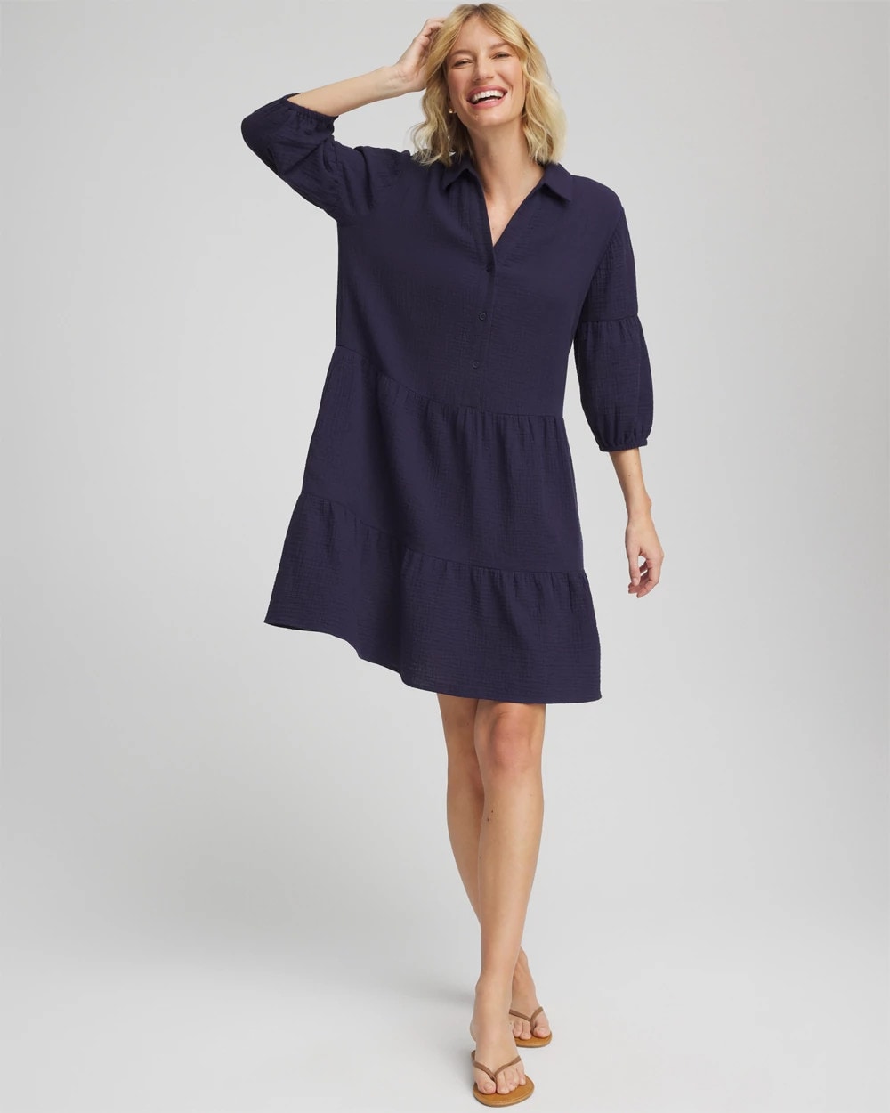 Chico's Woven Tiered Swim Cover-Up Dress Passport Blue