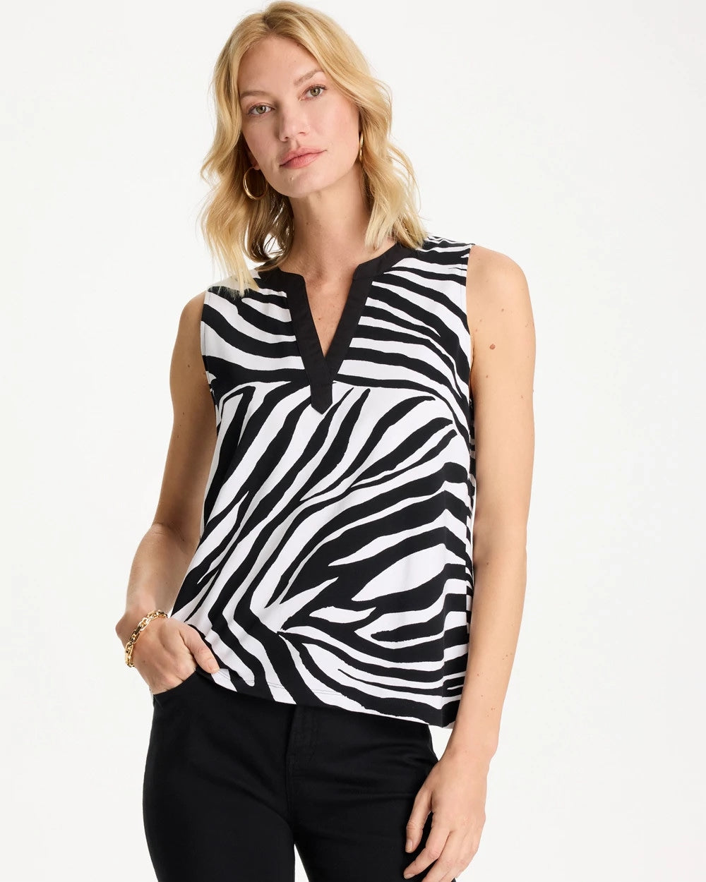 Chico's Zebra Cotton-Stretch Notch Neck Tank Black