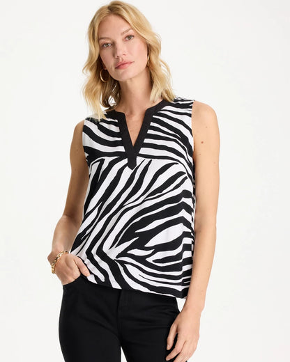Chico's Zebra Cotton-Stretch Notch Neck Tank Black