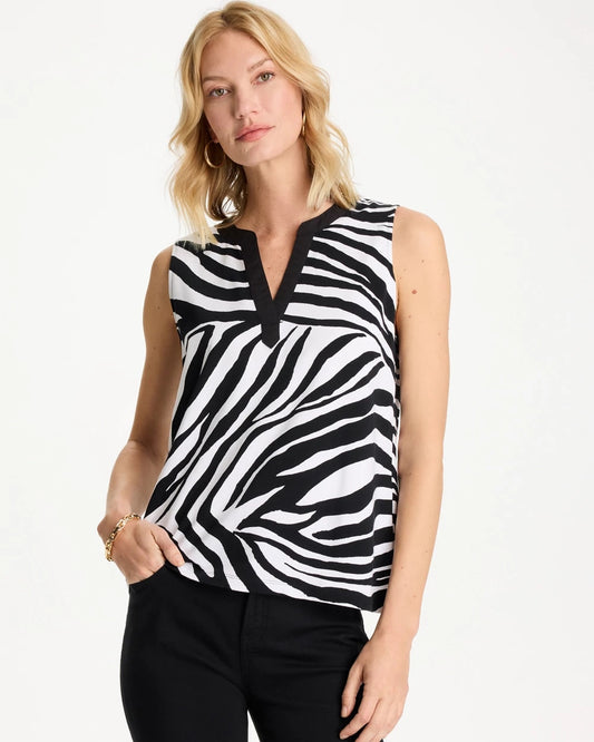 Chico's Zebra Cotton-Stretch Notch Neck Tank Black