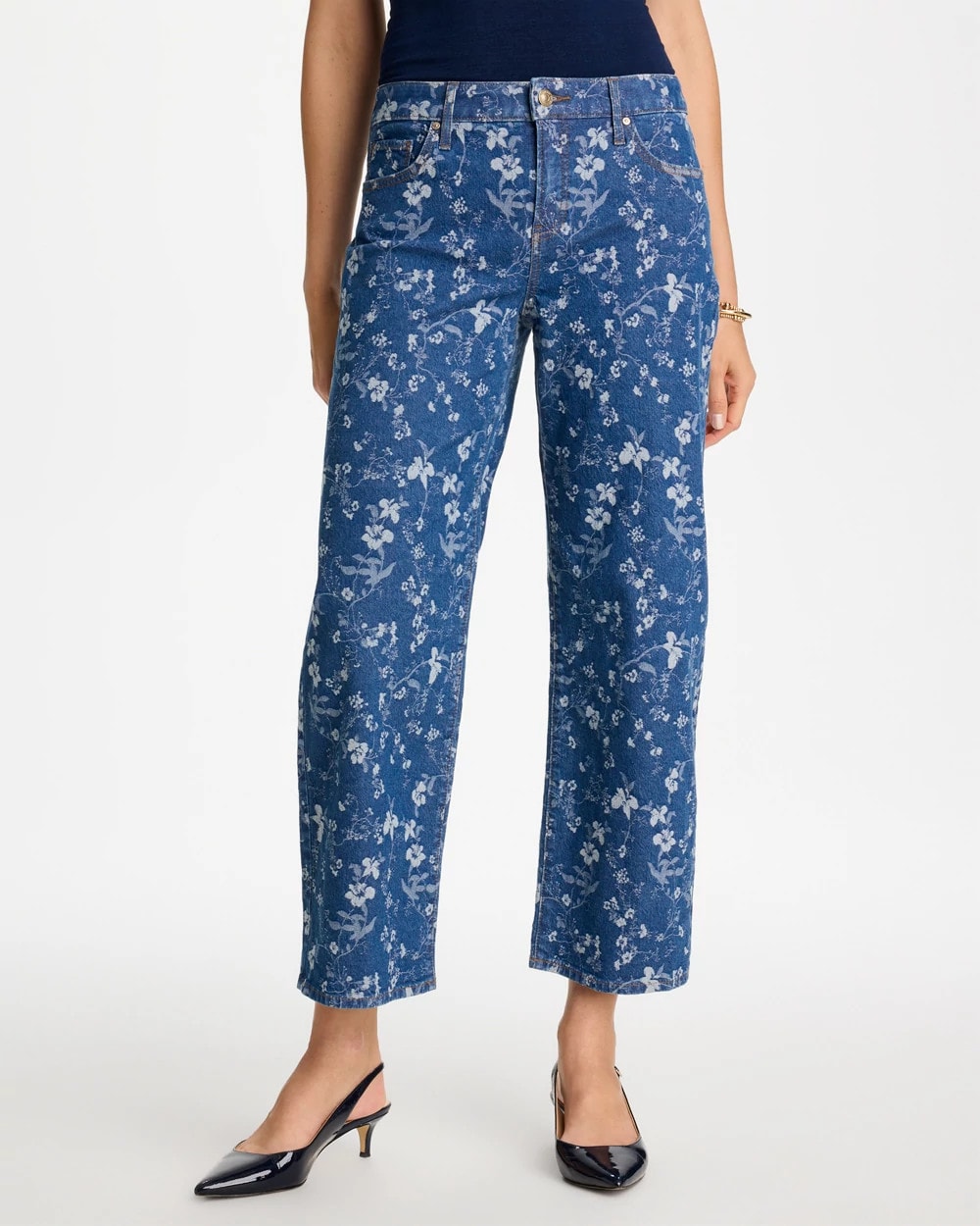 Chico's Girlfriend Wide Floral Crop Jean Indigo