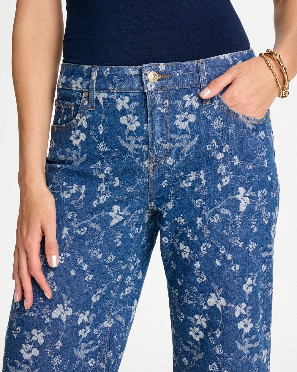Chico's Girlfriend Wide Floral Crop Jean Indigo