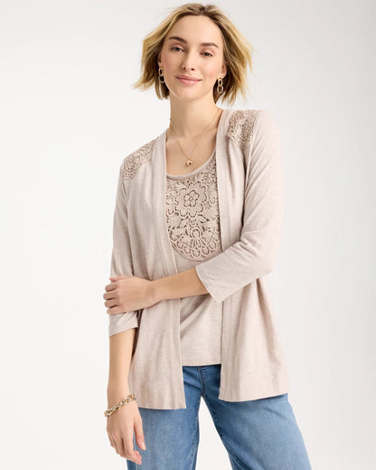 Chico's Embroidered Cotton Slub 3/4 Sleeve Cardigan Smokey Taupe