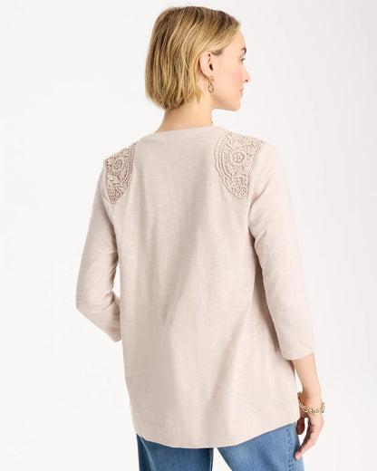 Chico's Embroidered Cotton Slub 3/4 Sleeve Cardigan Smokey Taupe