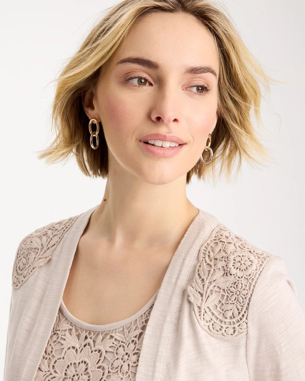 Chico's Embroidered Cotton Slub 3/4 Sleeve Cardigan Smokey Taupe