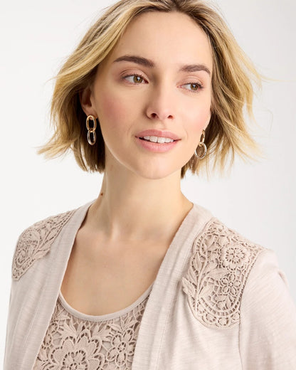 Chico's Embroidered Cotton Slub 3/4 Sleeve Cardigan Smokey Taupe
