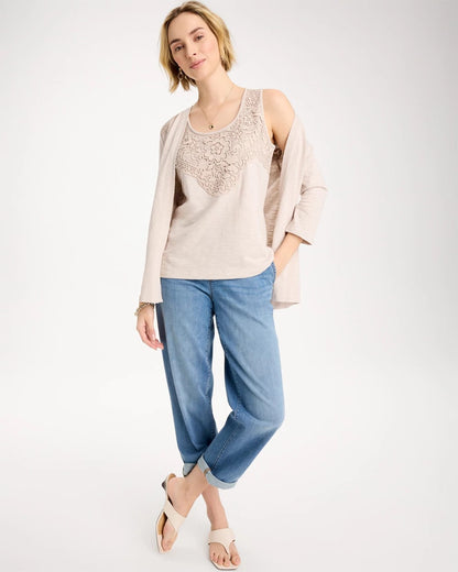 Chico's Embroidered Cotton Slub Scoopneck Tank Smokey Taupe
