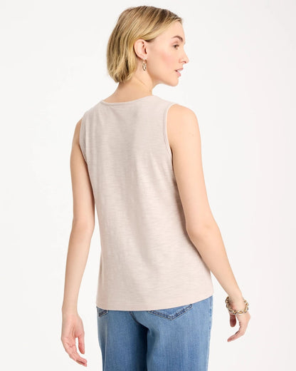 Chico's Embroidered Cotton Slub Scoopneck Tank Smokey Taupe