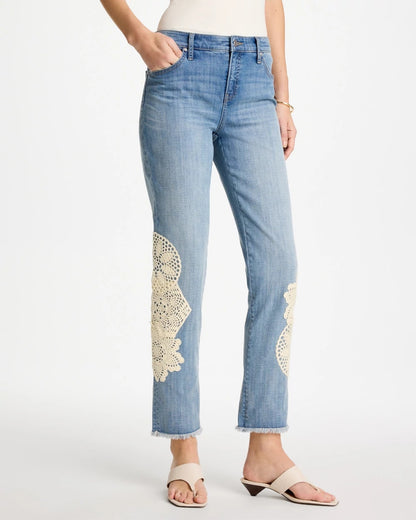 Chico's Girlfriend Slim Crochet Fray Ankle Jeans Coral Reef Indigo