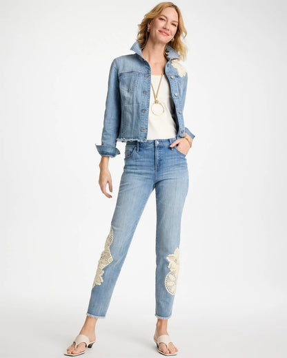 Chico's Girlfriend Slim Crochet Fray Ankle Jeans Coral Reef Indigo