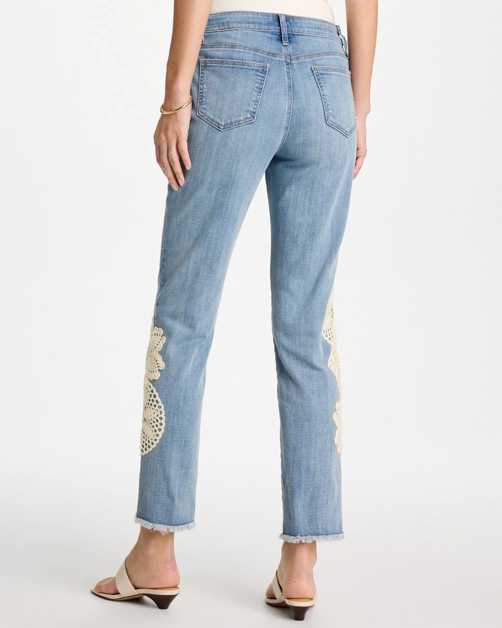 Chico's Girlfriend Slim Crochet Fray Ankle Jeans Coral Reef Indigo