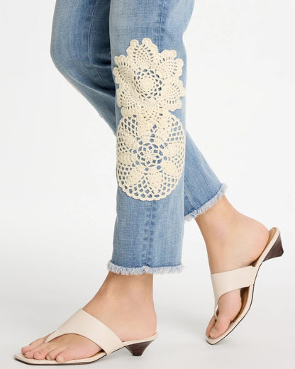 Chico's Girlfriend Slim Crochet Fray Ankle Jeans Coral Reef Indigo