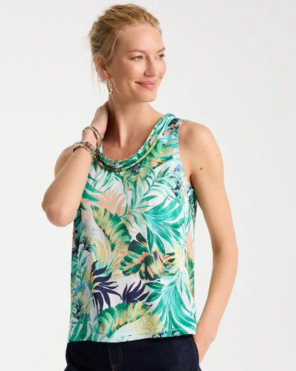 Chico's Tropical Jersey Satin Tank Top Topanga Green