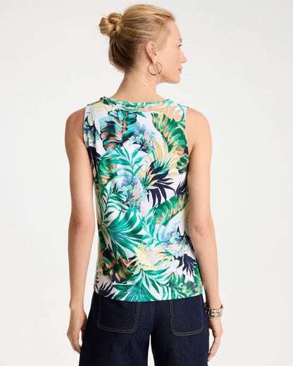 Chico's Tropical Jersey Satin Tank Top Topanga Green