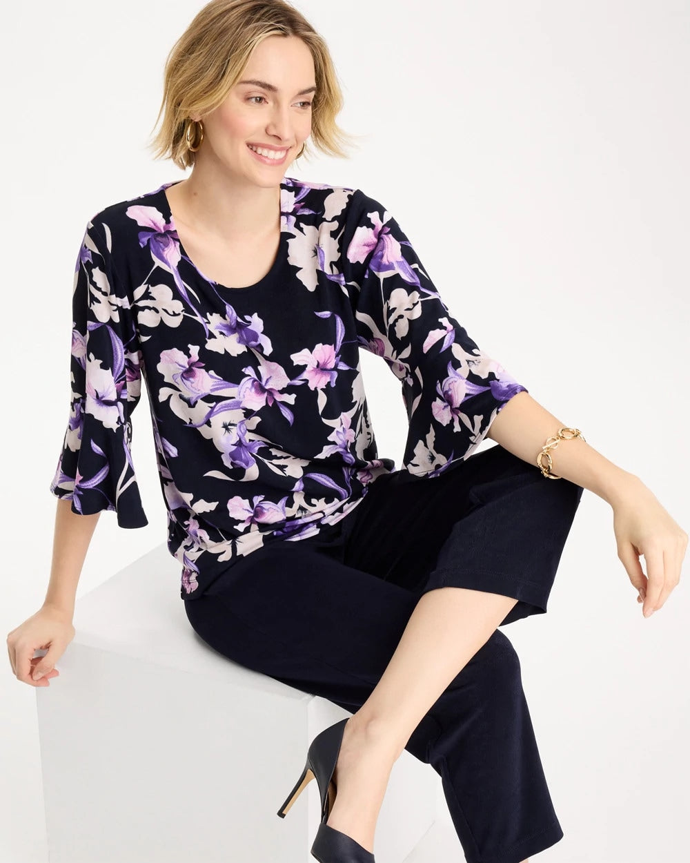 Chico's Travelers™ Amethyst Iris Flounce-Sleeve Top Travelers India Ink