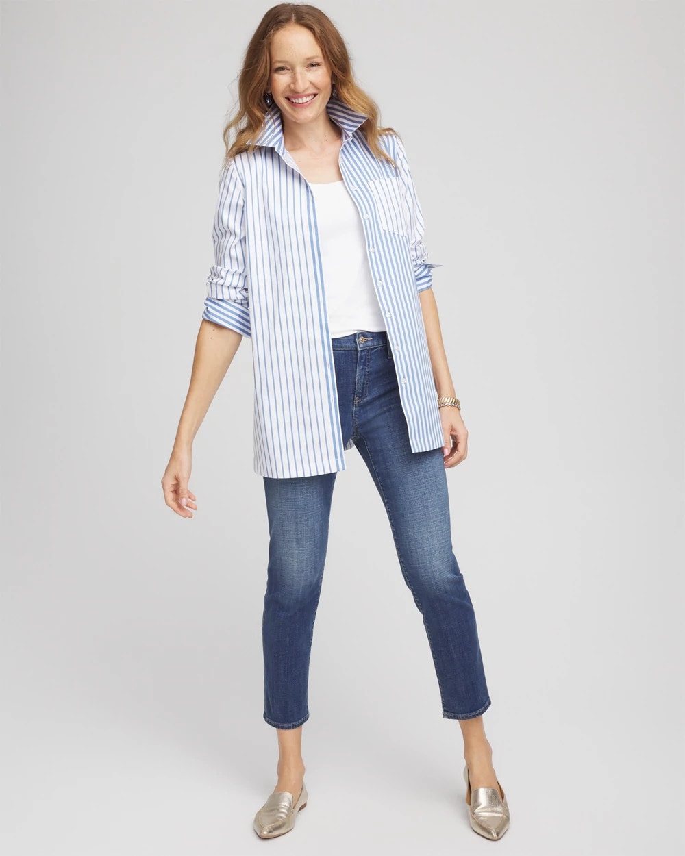 Chico's No Iron™ Stripe Mix Tunic Tidal Blue