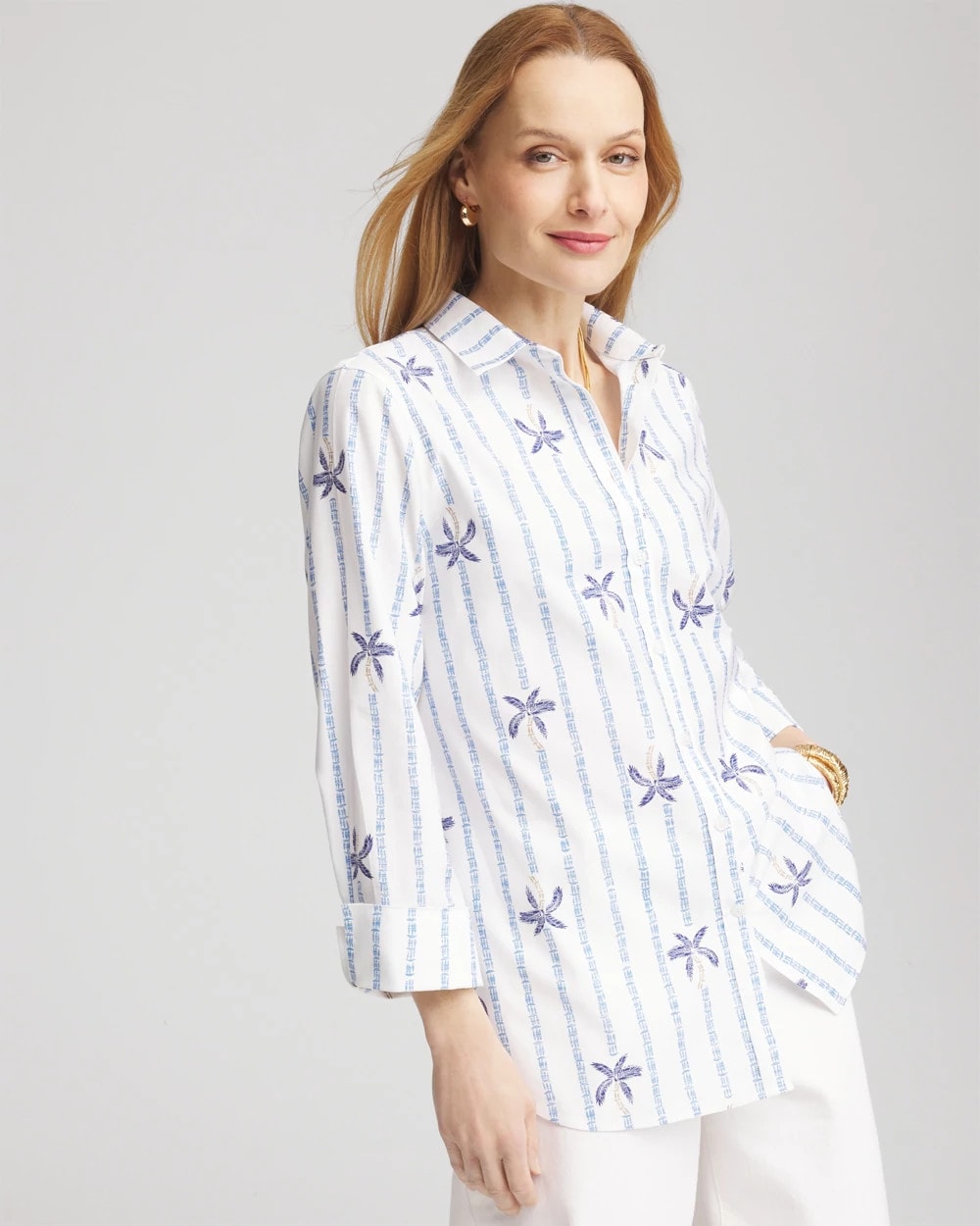 Chico's No Iron™ Palm Striped Sateen Shirt Blue Casa