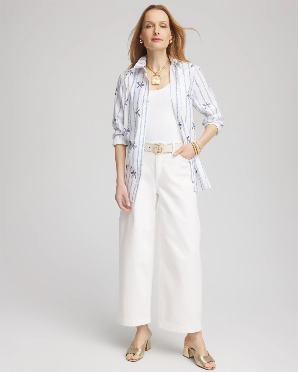 Chico's No Iron™ Palm Striped Sateen Shirt Blue Casa