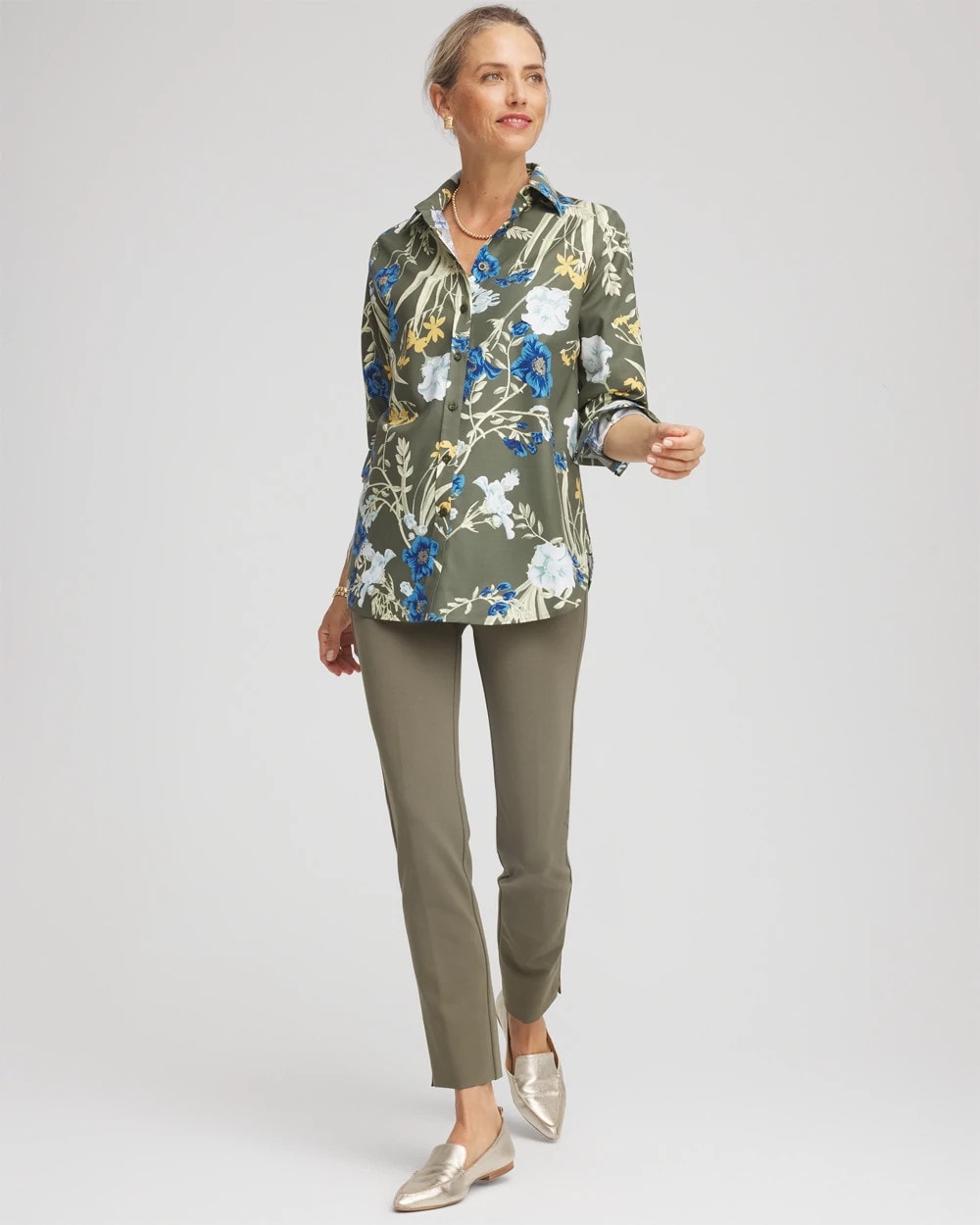 Chico's No Iron™ Printed Sateen Shirt Nettle Leaf
