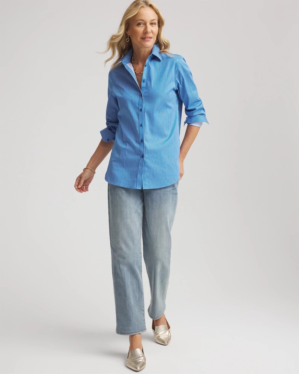 Chico's No Iron™ Classic Striped Shirt Empire Blue