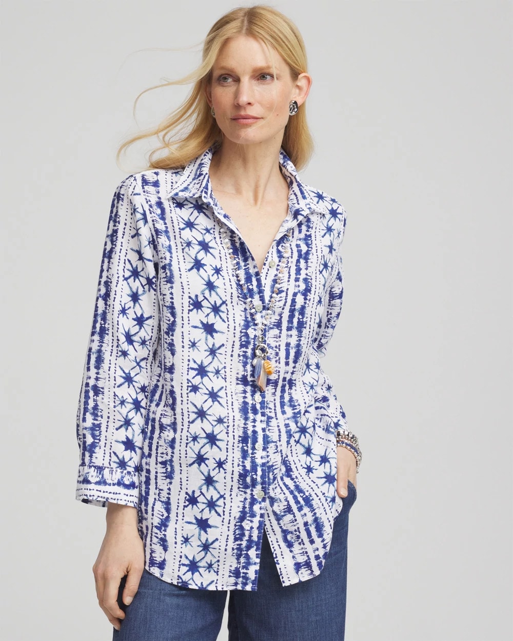 Chico's No Iron™ Star Print Linen Shirt Rich Cobalt