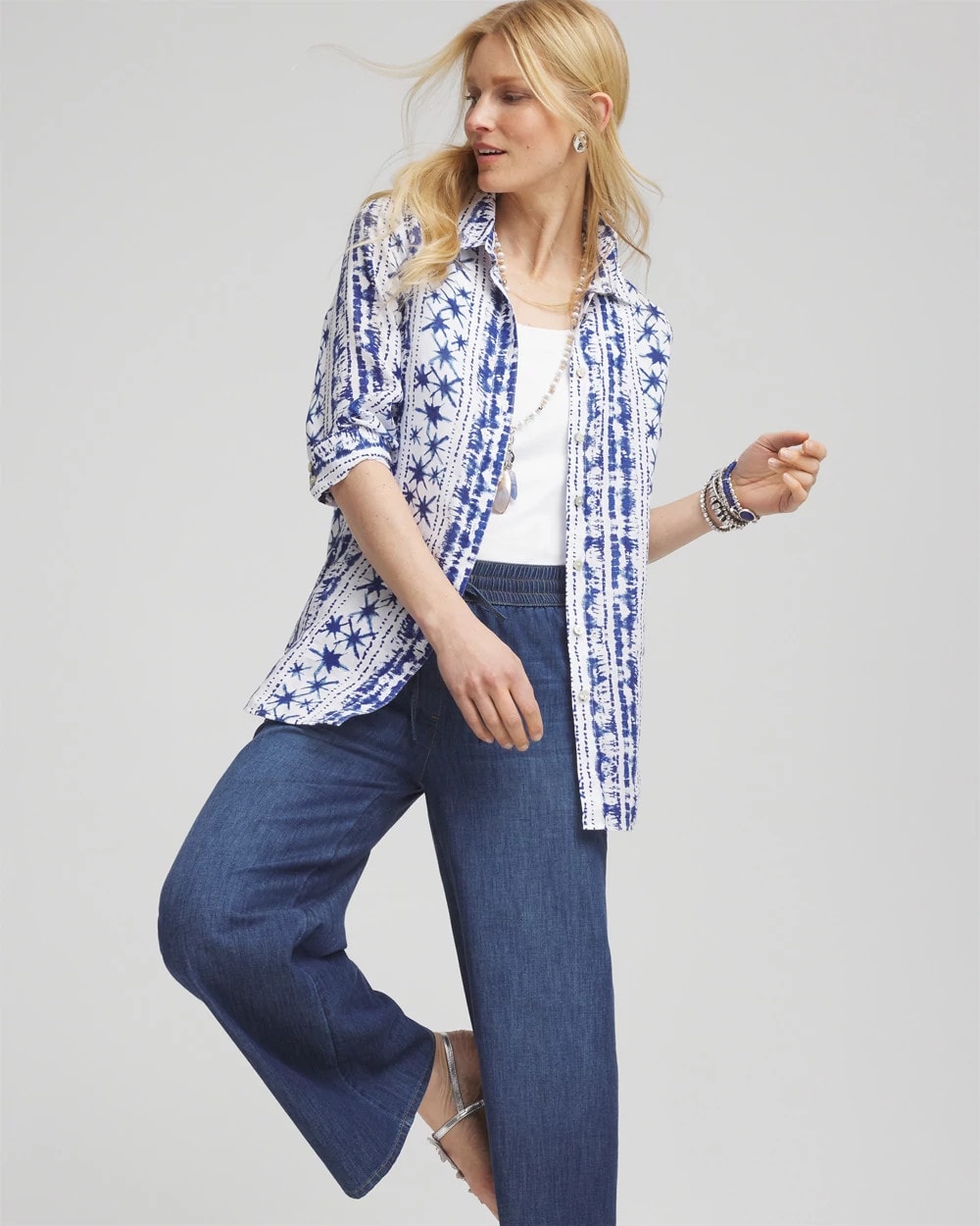 Chico's No Iron™ Star Print Linen Shirt Rich Cobalt