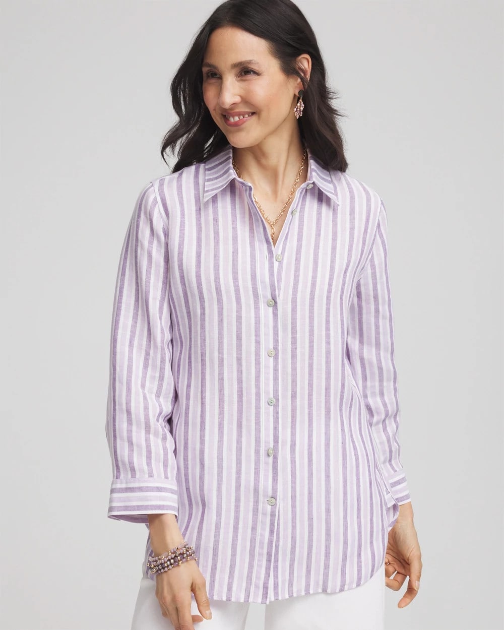 Chico's No Iron™ Plum Striped Linen Shirt Plum Shade