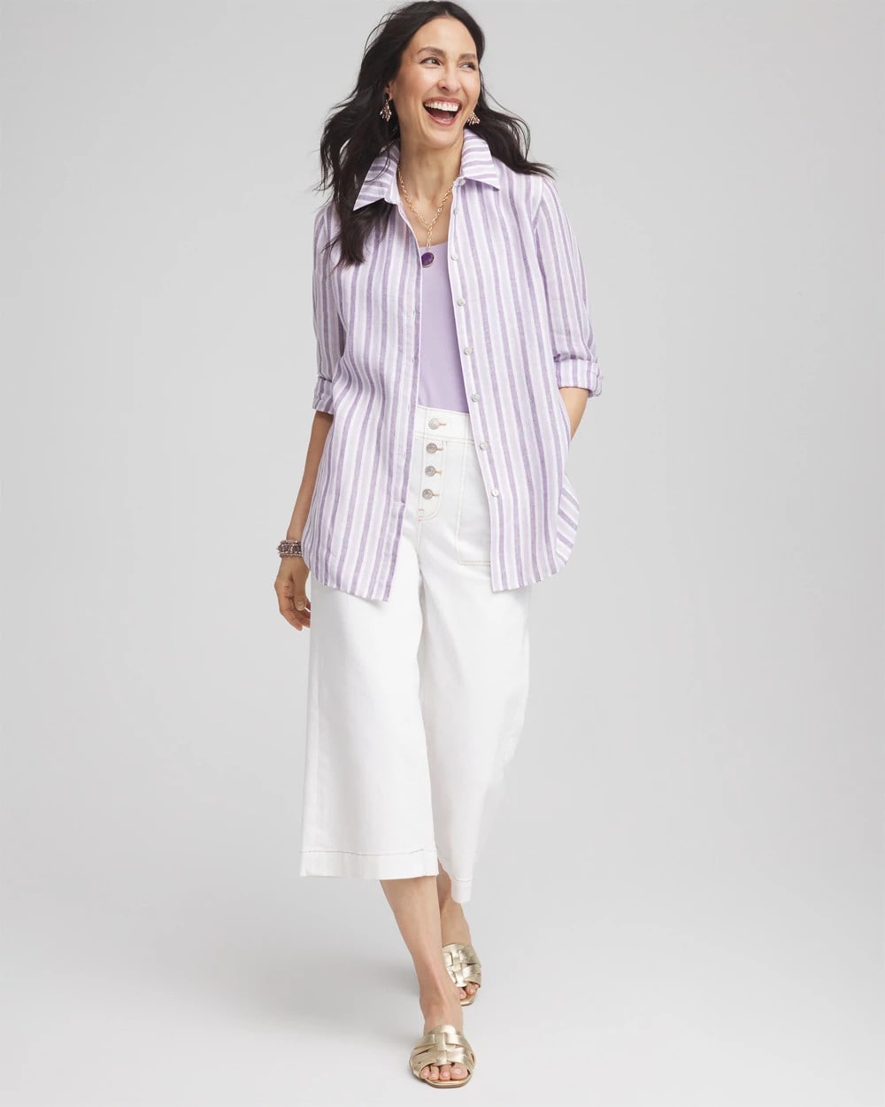 Chico's No Iron™ Plum Striped Linen Shirt Plum Shade
