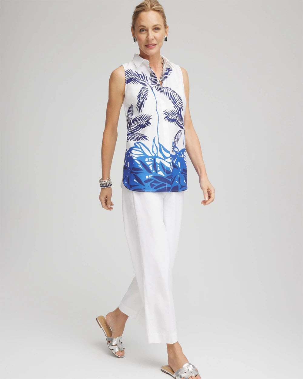 Chico's No Iron™ Palms Sleeveless Sateen Shirt Blue Casa