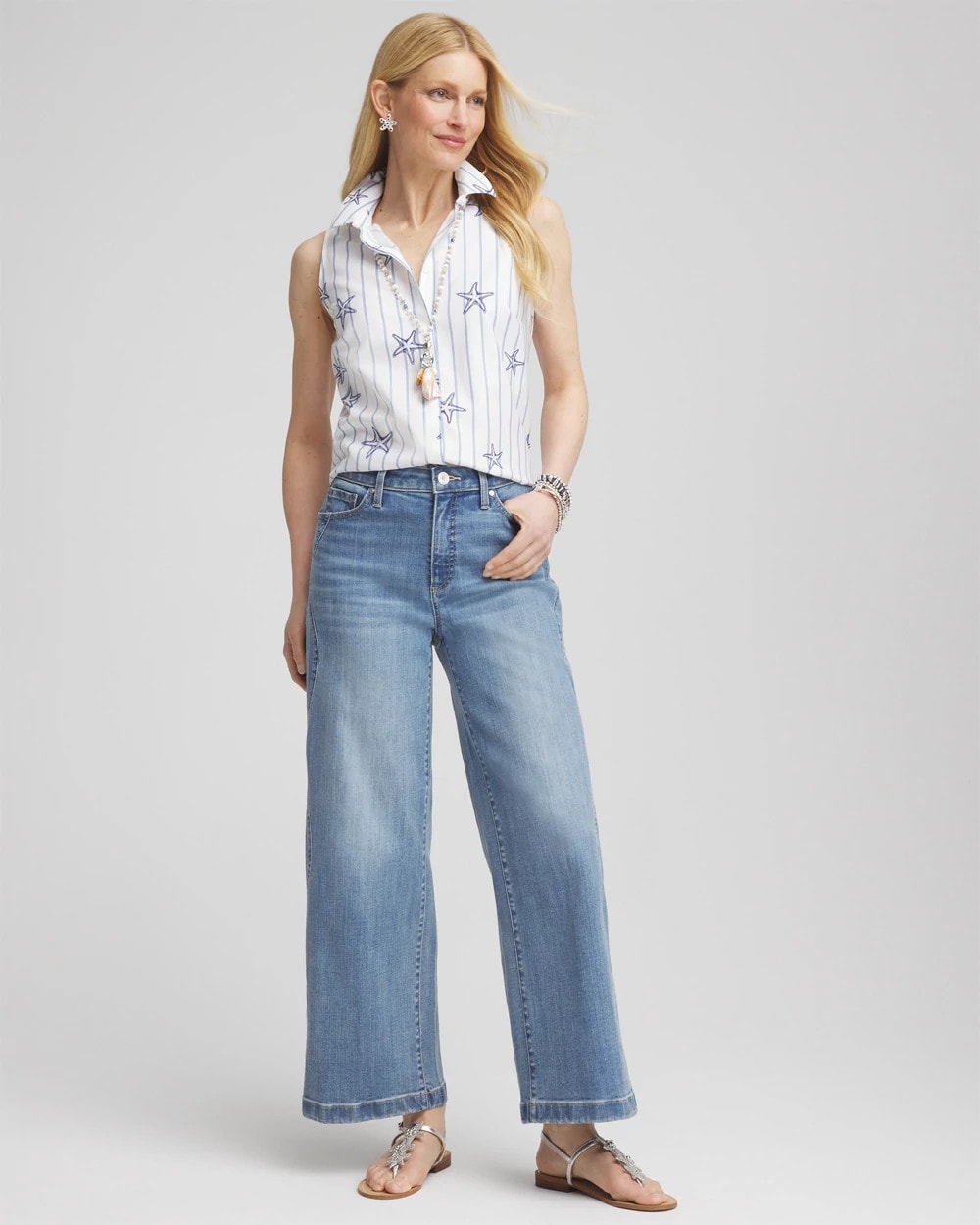 Chico's No Iron™ Starfish Striped Sleeveless Sateen Shirt Optic White
