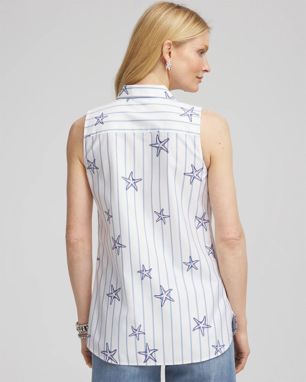 Chico's No Iron™ Starfish Striped Sleeveless Sateen Shirt Optic White