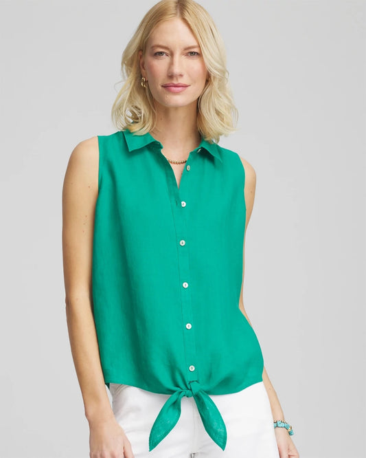 Chico's No Iron™ Linen Tie-Front Sleeveless Shirt Eden Green
