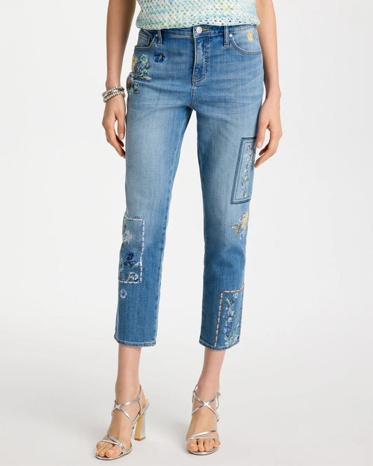 Chico's Floral Patchwork Girlfriend Crop Jeans Aquamarine Indigo
