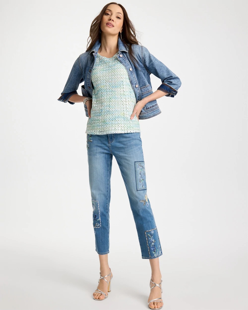 Chico's Floral Patchwork Girlfriend Crop Jeans Aquamarine Indigo