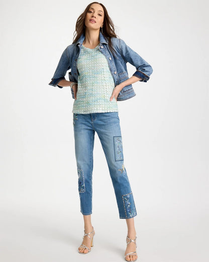 Chico's Floral Patchwork Girlfriend Crop Jeans Aquamarine Indigo