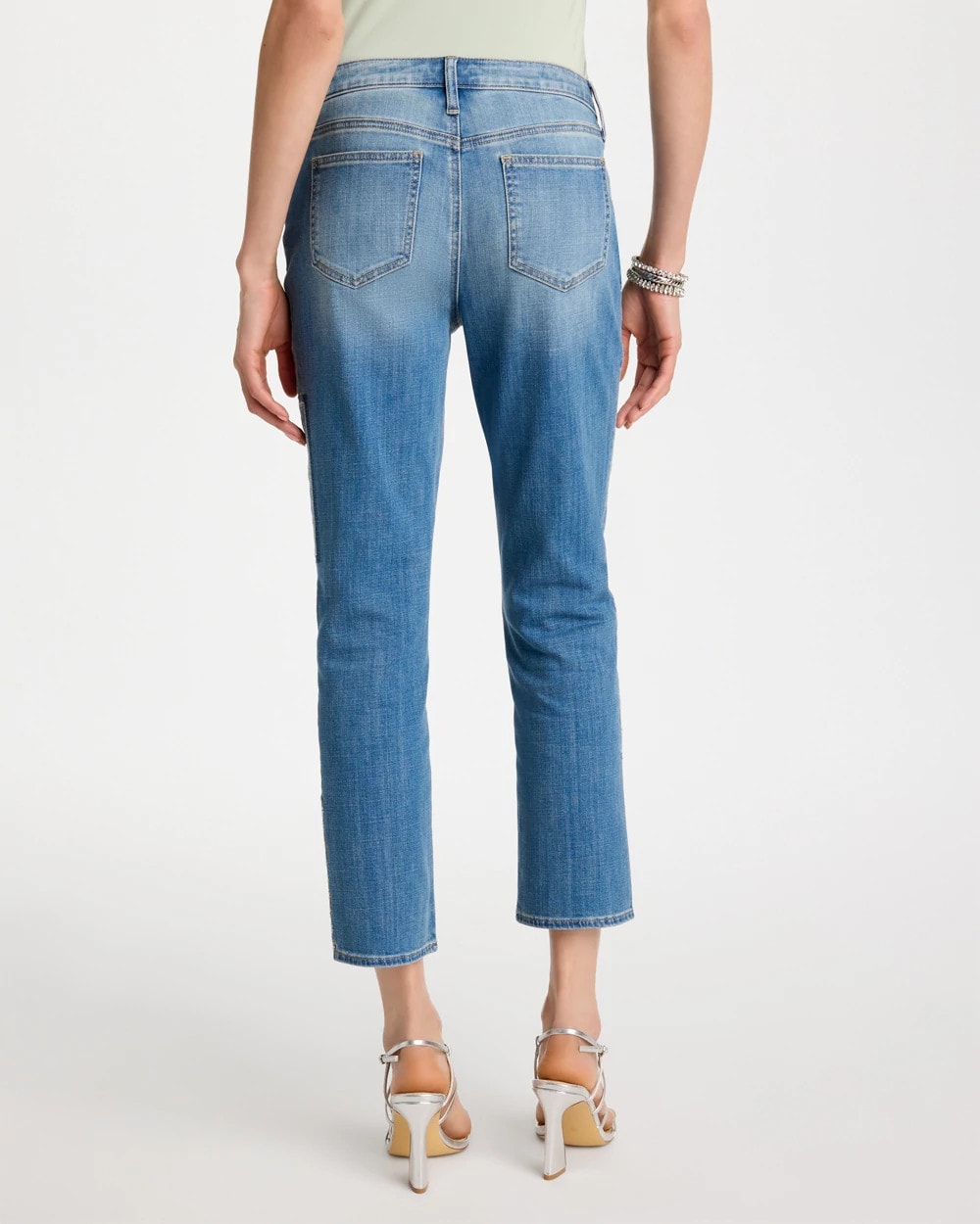 Chico's Floral Patchwork Girlfriend Crop Jeans Aquamarine Indigo