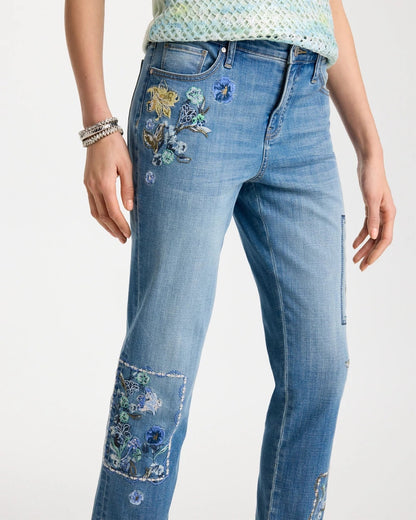 Chico's Floral Patchwork Girlfriend Crop Jeans Aquamarine Indigo