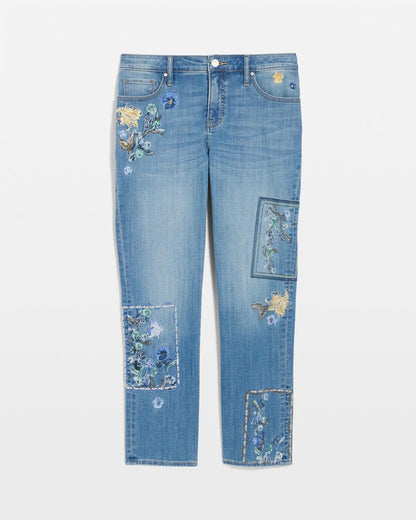 Chico's Floral Patchwork Girlfriend Crop Jeans Aquamarine Indigo