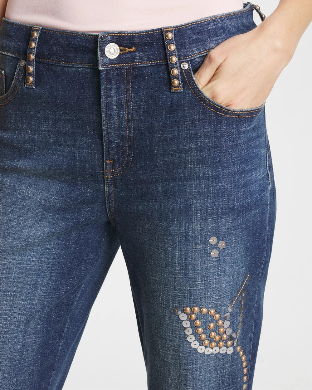 Chico's Embellished Girlfriend Cropped Flared Jeans Spellbound Indigo