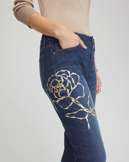 Chico's Sequins Rose Girlfriend Slim-Leg Jeans Sequoia Indigo