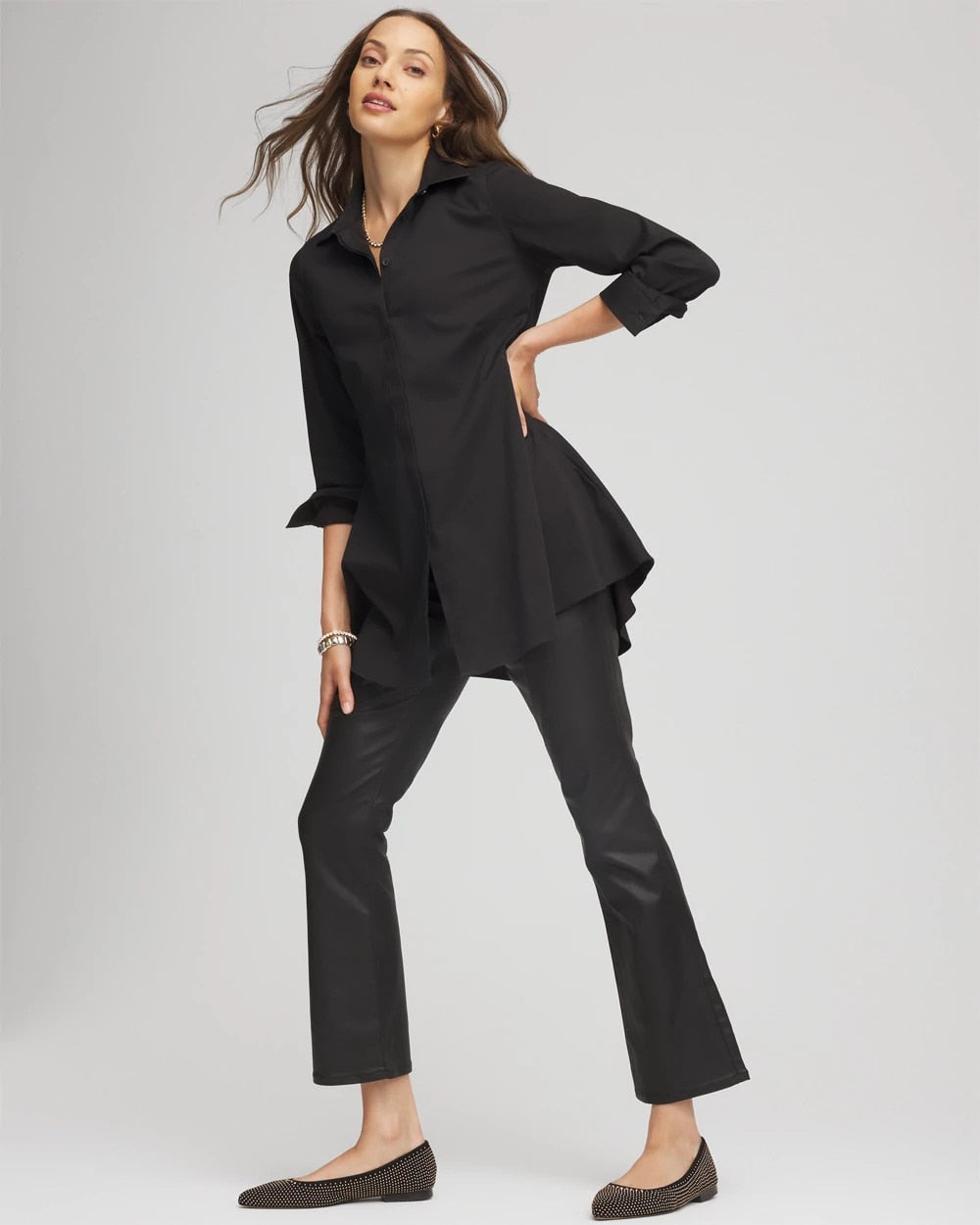 Chico's Coated Girlfriend Cropped Flared Jeans Black