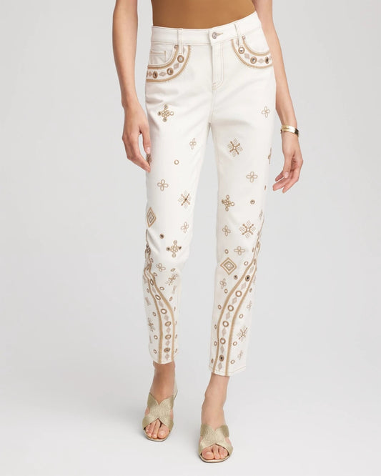 Chico's Embellished Girlfriend Slim Ankle Jeans Sea Salt