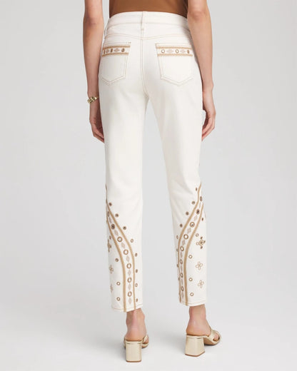 Chico's Embellished Girlfriend Slim Ankle Jeans Sea Salt