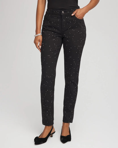 Chico's Stone Embellished Girlfriend Slim Ankle Jeans Black