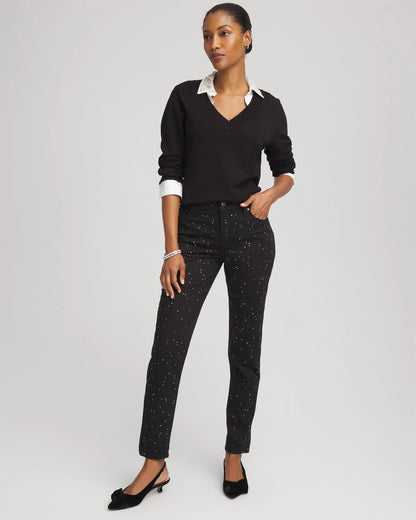 Chico's Stone Embellished Girlfriend Slim Ankle Jeans Black
