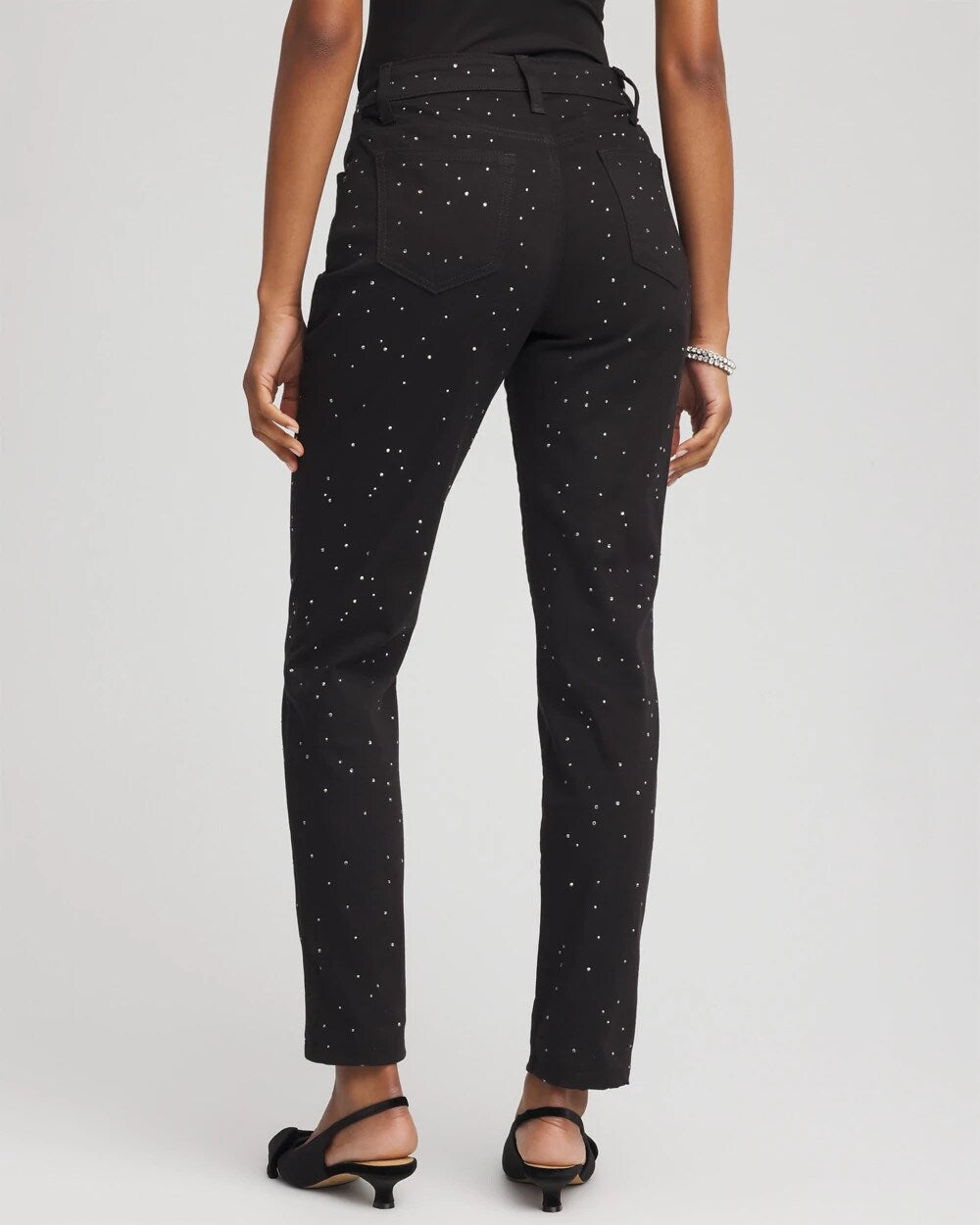 Chico's Stone Embellished Girlfriend Slim Ankle Jeans Black