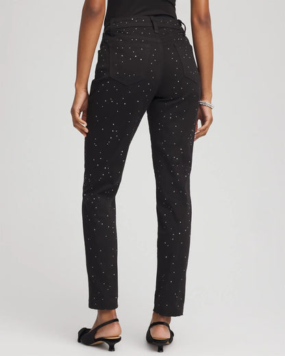 Chico's Stone Embellished Girlfriend Slim Ankle Jeans Black