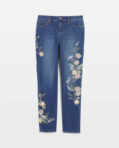 Chico's Appliqué Girlfriend Slim Ankle Jeans Dragon Road Indigo