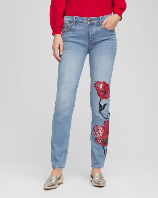 Chico's Placed Floral Girlfriend Slim Ankle Jeans Poppy Indigo