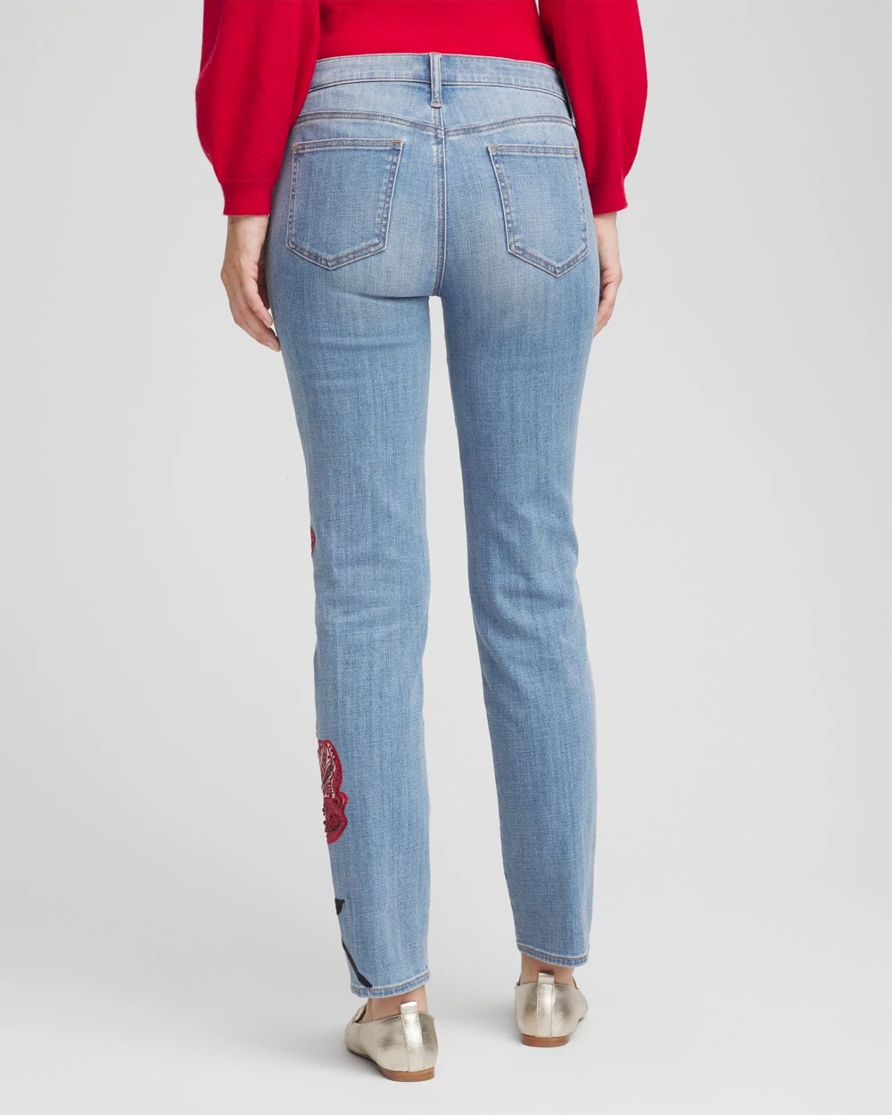 Chico's Placed Floral Girlfriend Slim Ankle Jeans Poppy Indigo